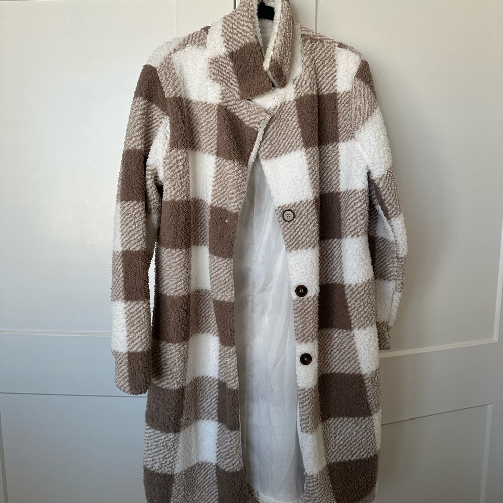 SHEIN Brown and White Checkered Teddy Jacket
